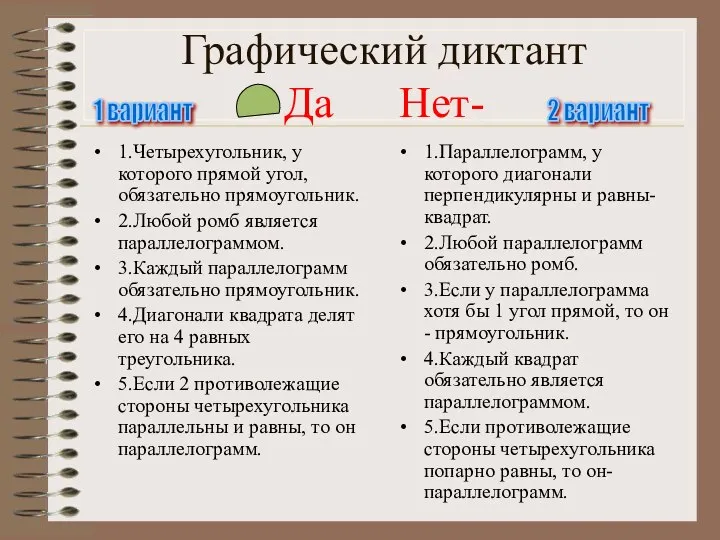 Графический диктант Да Нет- 1.Четырехугольник, у которого прямой угол, обязательно прямоугольник.