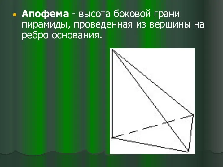 Апофема - высота боковой грани пирамиды, проведенная из вершины на ребро основания.