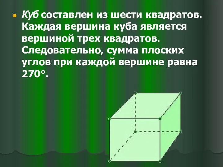 Куб составлен из шести квадратов. Каждая вершина куба является вершиной трех