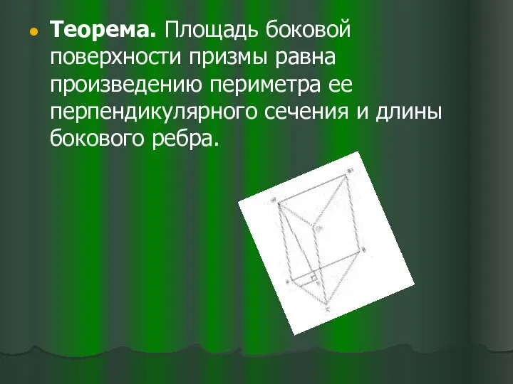 Теорема. Площадь боковой поверхности призмы равна произведению периметра ее перпендикулярного сечения и длины бокового ребра.