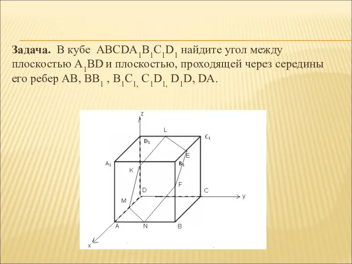 Задача. В кубе АВСDА1В1С1D1 найдите угол между плоскостью А1ВD и плоскостью,