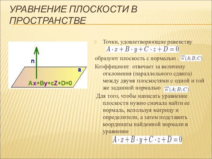 УРАВНЕНИЕ ПЛОСКОСТИ В ПРОСТРАНСТВЕ Точки, удовлетворяющие равенству образуют плоскость с нормалью