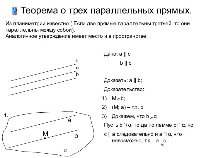 Теорема о трех параллельных прямых. N a b c b α