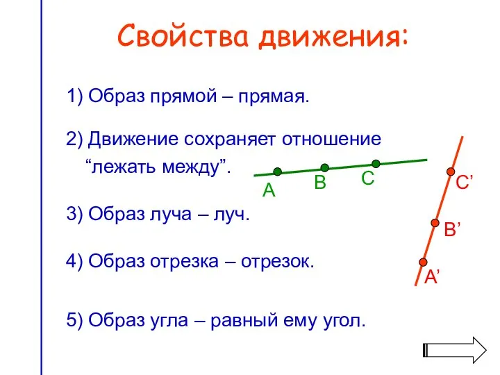 Свойства движения: 3) Образ луча – луч. 1) Образ прямой –