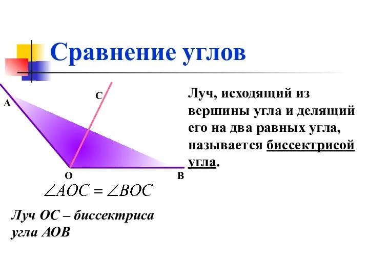 Сравнение углов А О В С Луч, исходящий из вершины угла