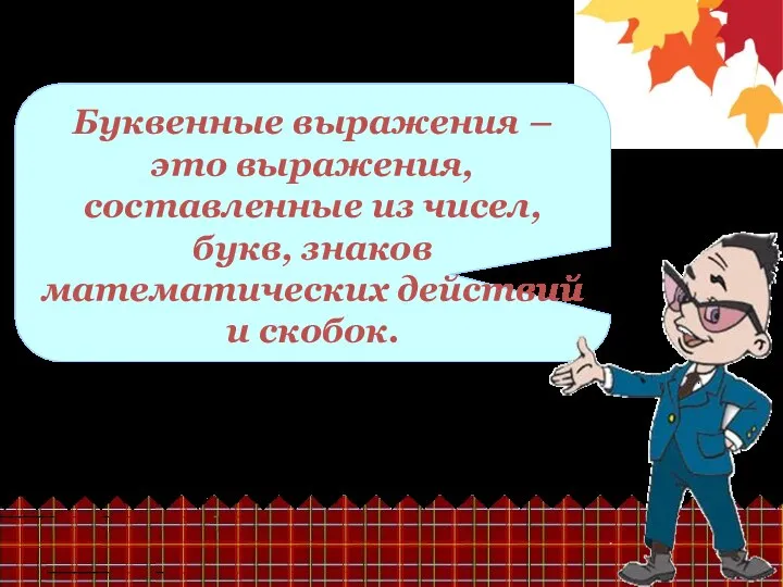 Буквенные выражения – это выражения, составленные из чисел, букв, знаков математических действий и скобок.