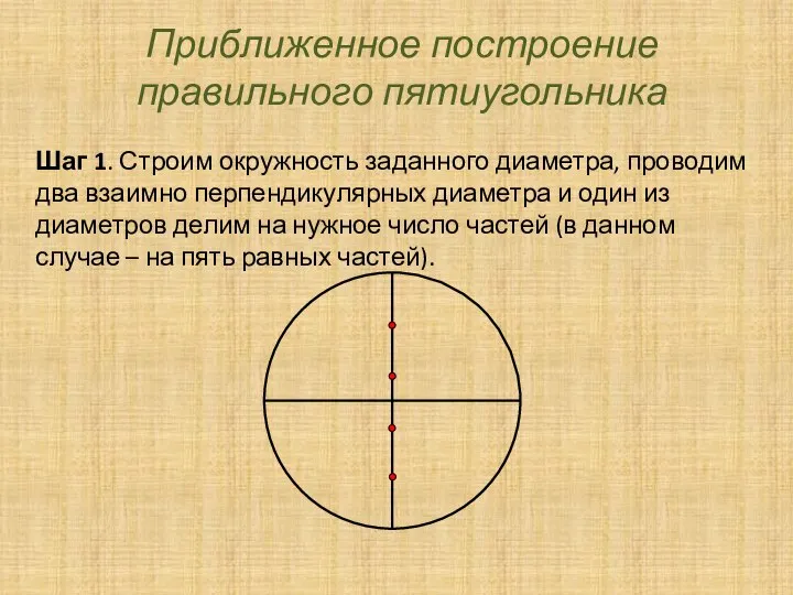 Приближенное построение правильного пятиугольника Шаг 1. Строим окружность заданного диаметра, проводим