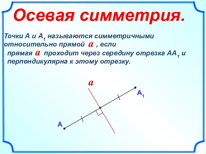 А Осевая симметрия. прямая проходит через середину отрезка АА1 и перпендикулярна к этому отрезку.