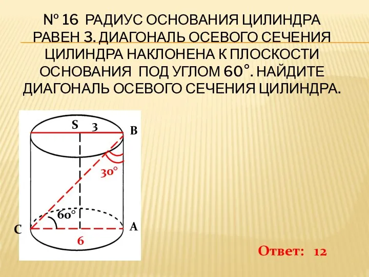 № 16 РАДИУС ОСНОВАНИЯ ЦИЛИНДРА РАВЕН 3. ДИАГОНАЛЬ ОСЕВОГО СЕЧЕНИЯ ЦИЛИНДРА