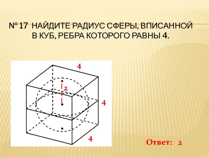 № 17 НАЙДИТЕ РАДИУС СФЕРЫ, ВПИСАННОЙ В КУБ, РЕБРА КОТОРОГО РАВНЫ