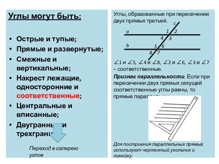 Углы могут быть: Острые и тупые; Прямые и развернутые; Смежные и