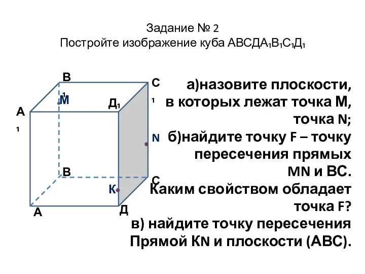 Задание № 2 Постройте изображение куба АВСДА₁В₁С₁Д₁ а)назовите плоскости, в которых