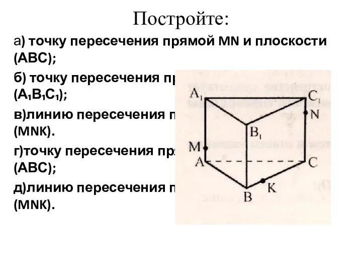 Постройте: а) точку пересечения прямой MN и плоскости (АВС); б) точку