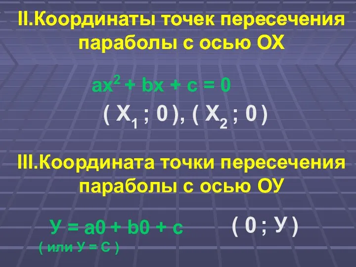 II.Координаты точек пересечения параболы с осью ОХ aх2 + bх +