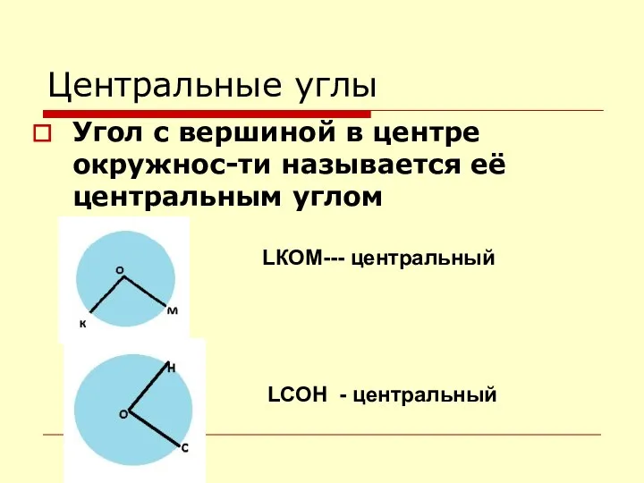 Центральные углы Угол с вершиной в центре окружнос-ти называется её центральным