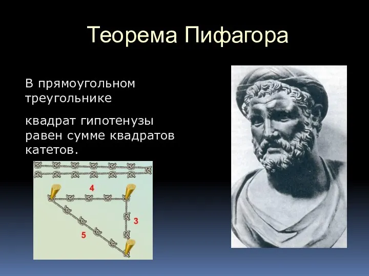 Теорема Пифагора В прямоугольном треугольнике квадрат гипотенузы равен сумме квадратов катетов.