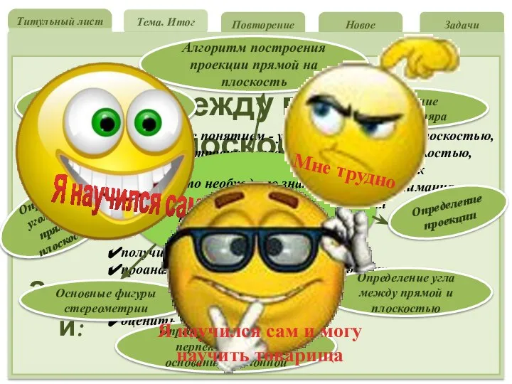 Повторение Новое Задачи Тема. Итог Титульный лист Литература Угол между прямой