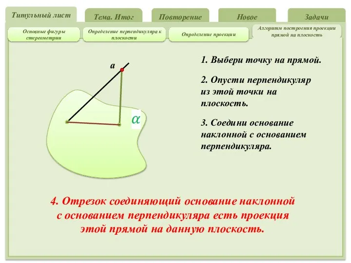 Повторение Новое Задачи Тема. Итог Алгоритм построения проекции прямой на плоскость