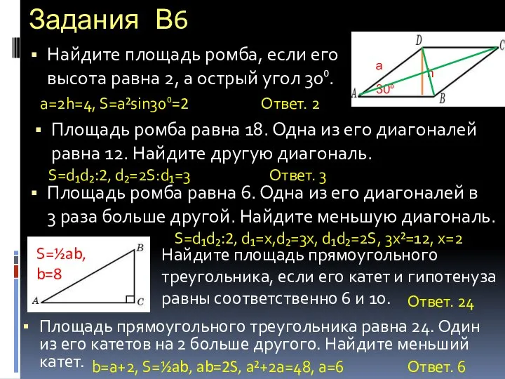 Задания В6 Найдите площадь ромба, если его высота равна 2, а