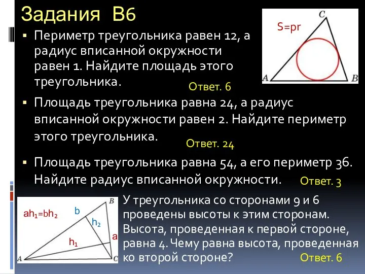 Задания В6 Периметр треугольника равен 12, а радиус вписанной окружности равен