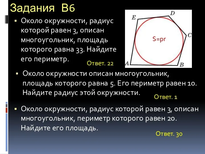 Задания В6 Около окружности, радиус которой равен 3, описан многоугольник, площадь