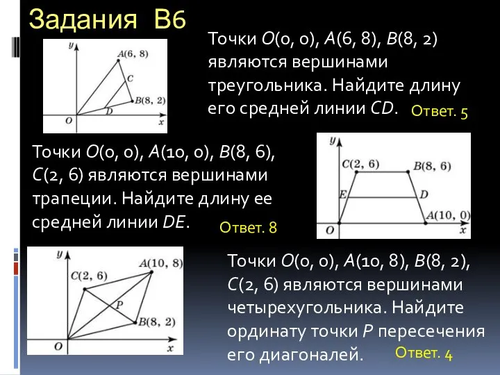 Задания В6 Точки O(0, 0), A(6, 8), B(8, 2) являются вершинами