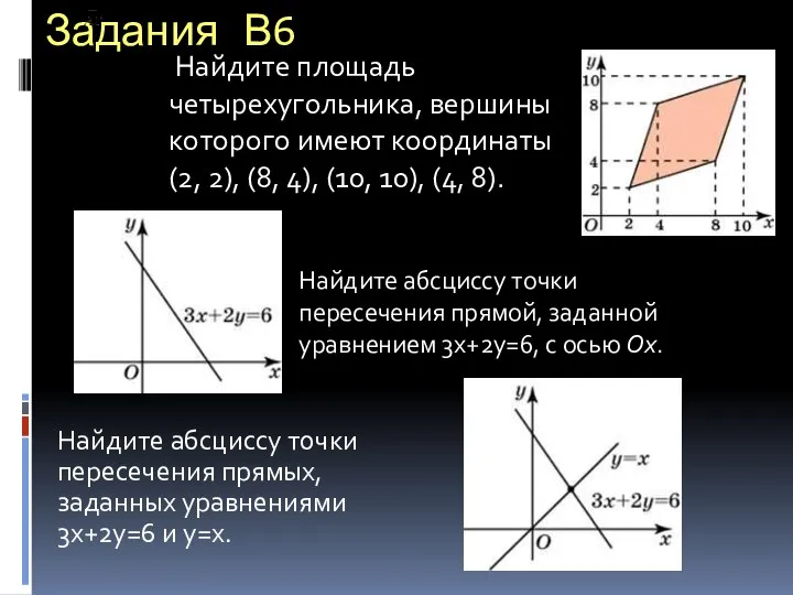 Задания В6 Найдите абсциссу точки пересечения прямых, заданных уравнениями 3х+2у=6 и