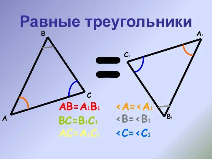 Равные треугольники A A1 B B1 C C1 = AB=A1B1 BC=B1C1 AC=A1C1