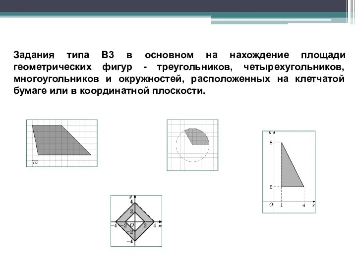 Задания типа В3 в основном на нахождение площади геометрических фигур -