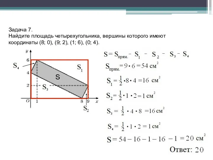 Задача 7. Найдите площадь четырехугольника, вершины которого имеют координаты (8; 0),