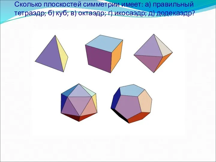 Сколько плоскостей симметрии имеет: а) правильный тетраэдр; б) куб; в) октаэдр; г) икосаэдр; д) додекаэдр?