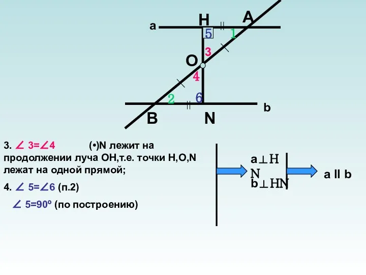 3. ∠ 3=∠4 (•)N лежит на продолжении луча ОН,т.е. точки Н,О,N