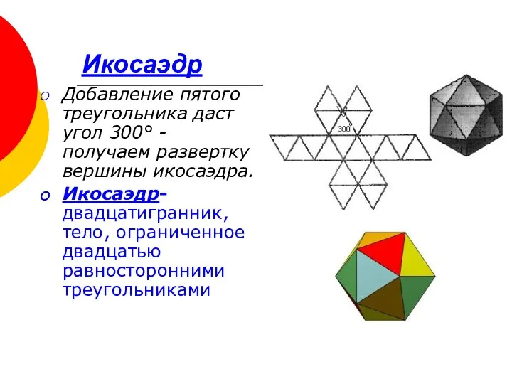 Икосаэдр Добавление пятого треугольника даст угол 300° - получаем развертку вершины