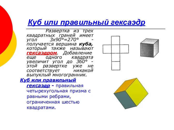 Куб или правильный гексаэдр Развертка из трех квадратных граней имеет угол