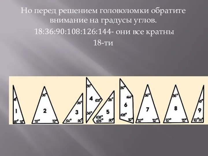 Но перед решением головоломки обратите внимание на градусы углов. 18:36:90:108:126:144- они все кратны 18-ти