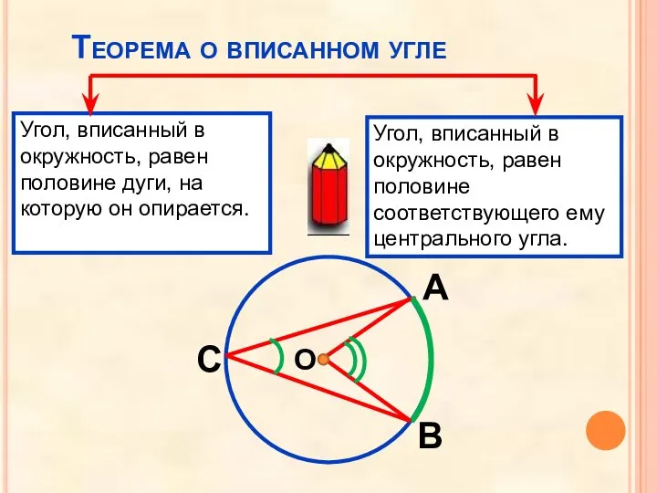 Теорема о вписанном угле Угол, вписанный в окружность, равен половине дуги,