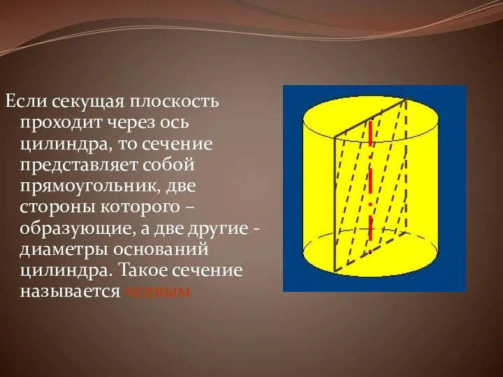 Если секущая плоскость проходит через ось цилиндра, то сечение представляет собой