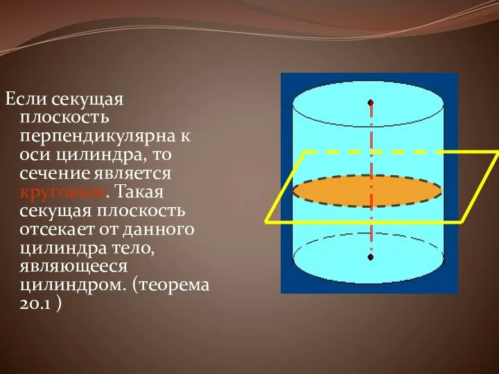 Если секущая плоскость перпендикулярна к оси цилиндра, то сечение является круговым.