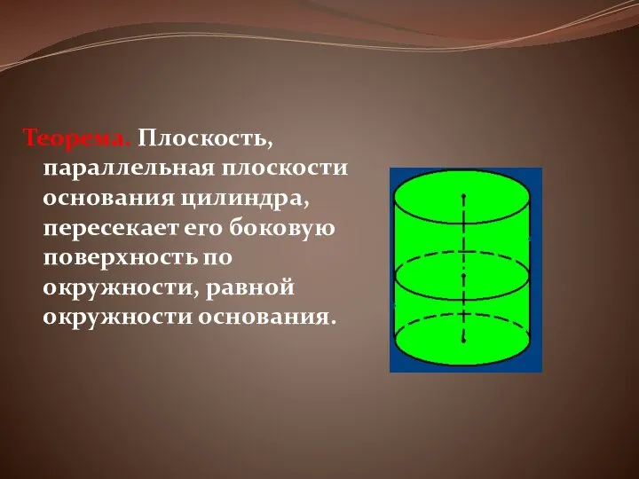 Теорема. Плоскость, параллельная плоскости основания цилиндра, пересекает его боковую поверхность по окружности, равной окружности основания.