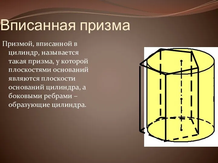 Вписанная призма Призмой, вписанной в цилиндр, называется такая призма, у которой