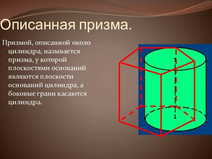 Описанная призма. Призмой, описанной около цилиндра, называется призма, у которой плоскостями