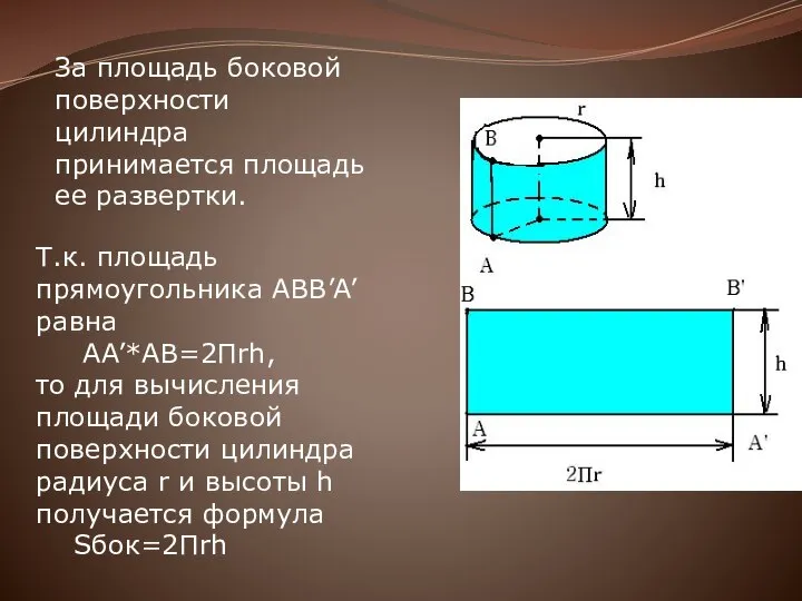 За площадь боковой поверхности цилиндра принимается площадь ее развертки. Т.к. площадь