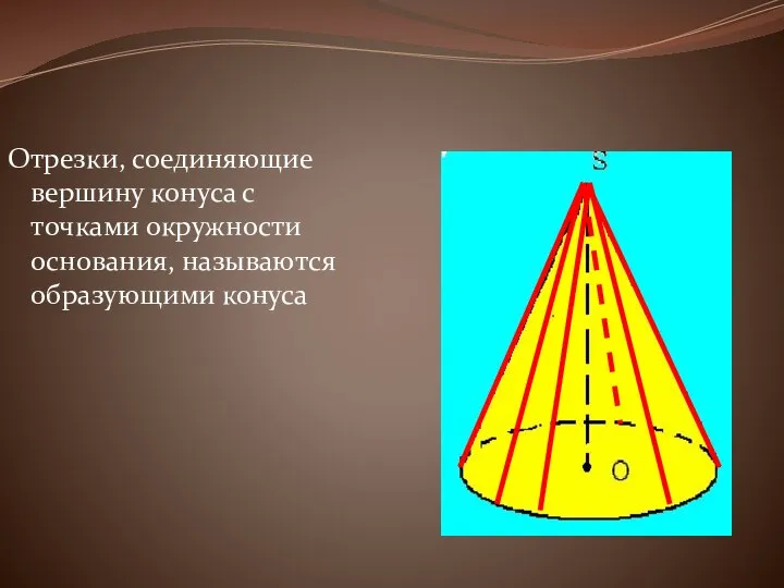 Отрезки, соединяющие вершину конуса с точками окружности основания, называются образующими конуса