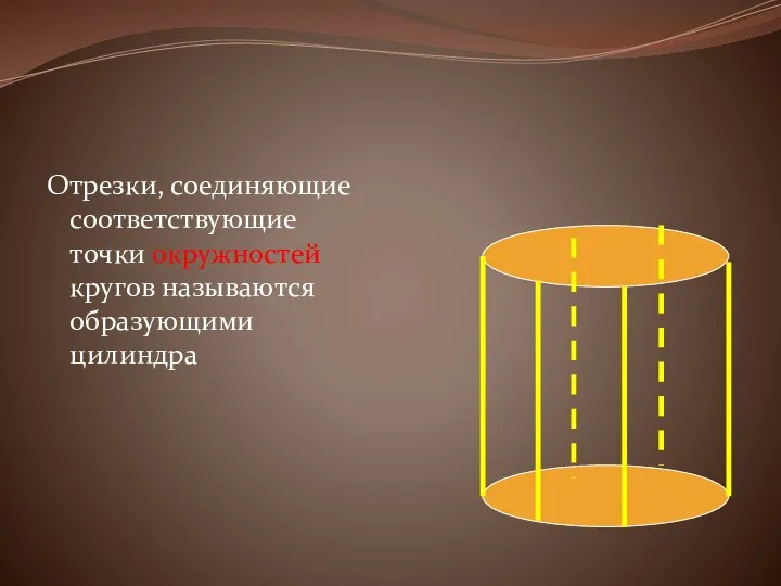 Отрезки, соединяющие соответствующие точки окружностей кругов называются образующими цилиндра