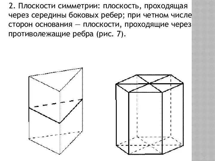 2. Плоскости симметрии: плоскость, проходящая через середины боковых ребер; при четном