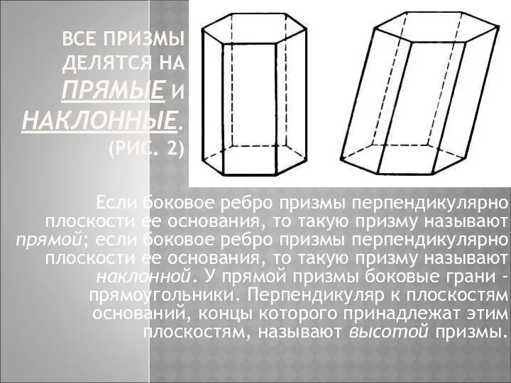 ВСЕ ПРИЗМЫ ДЕЛЯТСЯ НА ПРЯМЫЕ И НАКЛОННЫЕ. (РИС. 2) Если боковое