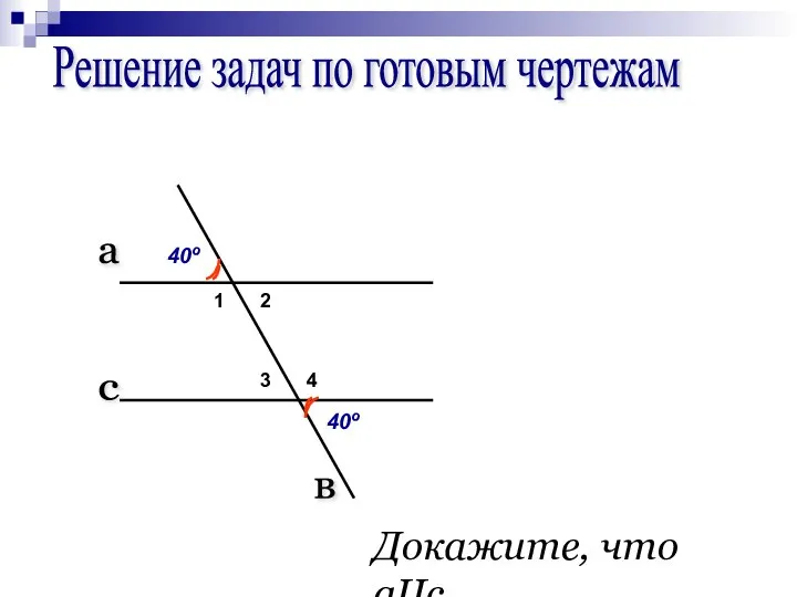 1 2 3 4 40º 40º Докажите, что аΙΙс. Решение задач по готовым чертежам