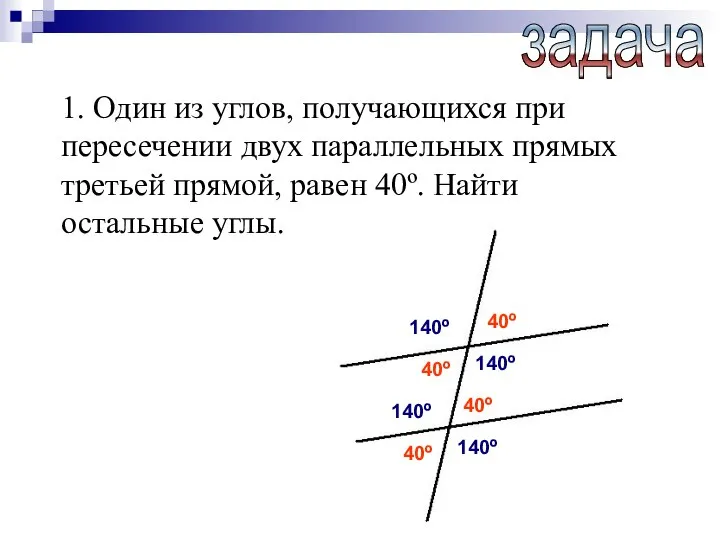 1. Один из углов, получающихся при пересечении двух параллельных прямых третьей