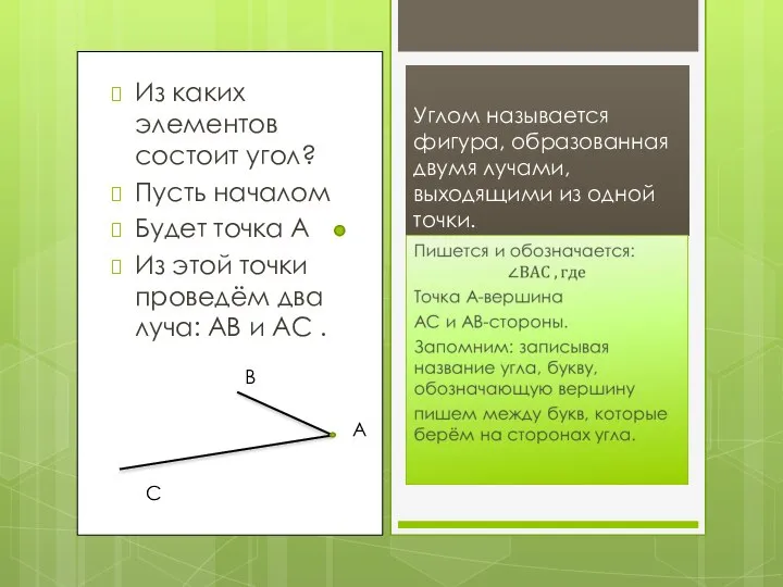 Из каких элементов состоит угол? Пусть началом Будет точка А Из