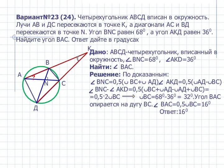 Вариант№23 (24). Четырехугольник АВСД вписан в окружность. Лучи АВ и ДС